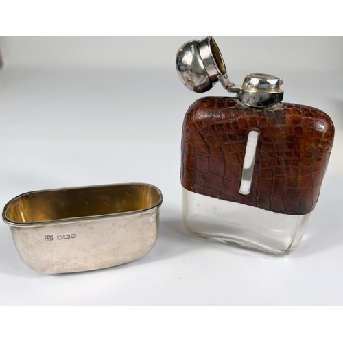 764 - A hall marked silver and leather hip flask with hall marked detachable cup, three silver salts (all ... 