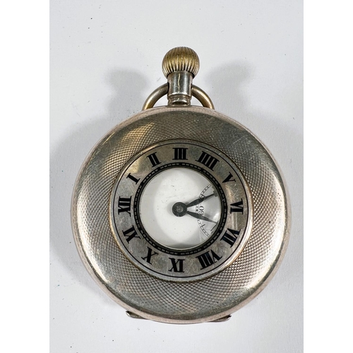 765A - A silver half hunter pocket watch with blue enamel Roman numerals to the outside