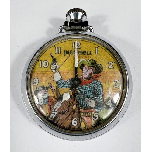 766 - A vintage novelty open face pocket watch with cowboy dial for Ingersoll in chrome case