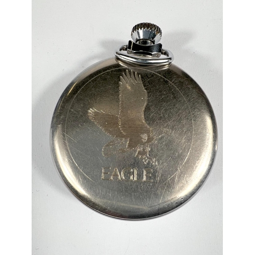 766 - A vintage novelty open face pocket watch with cowboy dial for Ingersoll in chrome case