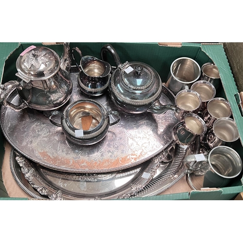 642 - A silver plated large oval tray; a silver plated gallery tray; silver plate and teaware