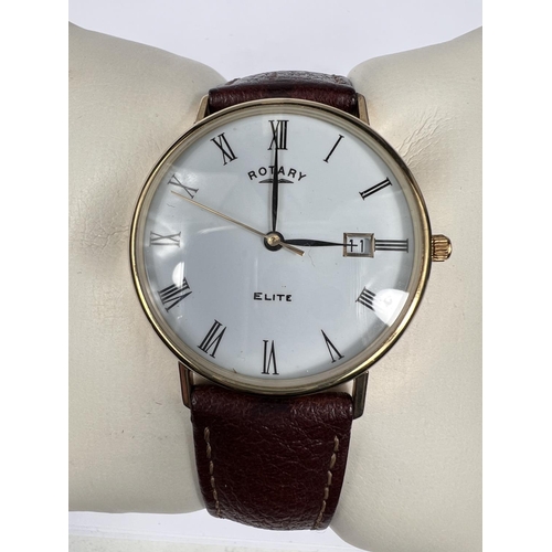 683 - A 9ct gold backed gents Elite Rotary wristwatch with white dial Roman numerals, date aperture on bro... 