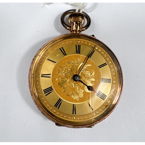 707 - A late 19th/early 20th century fob watch, open faced and keyless with chased decoration, the outer b... 