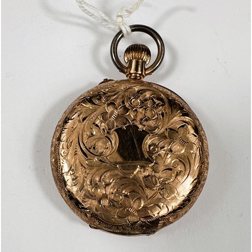 707 - A late 19th/early 20th century fob watch, open faced and keyless with chased decoration, the outer b... 