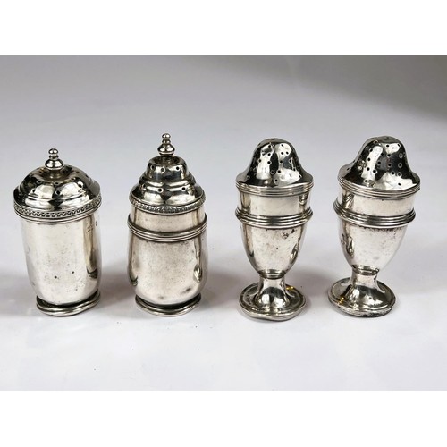 635 - Four hallmarked silver cruet pieces, two Chester 1907 and Birmingham 1924, 4.3oz