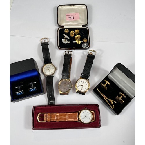 601 - A selection of gilt and other cufflinks, watches etc