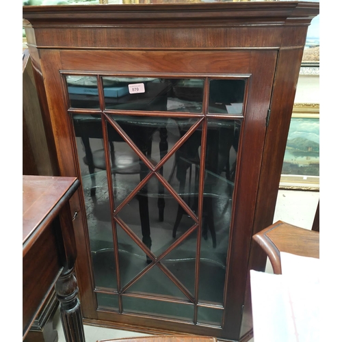 870 - A 19th Century astragal glazed wall hanging corner cupboard, a smaller mahogany floor standing corne... 