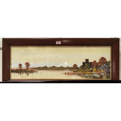 768 - H. M. Allen: Gouache autumn lake scene in oak frame, two framed prints