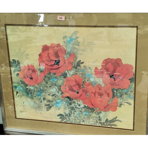 769 - David Lee: Chinese silk of poppies and flowers, characters over signature, framed and glazed, 54 x 7... 