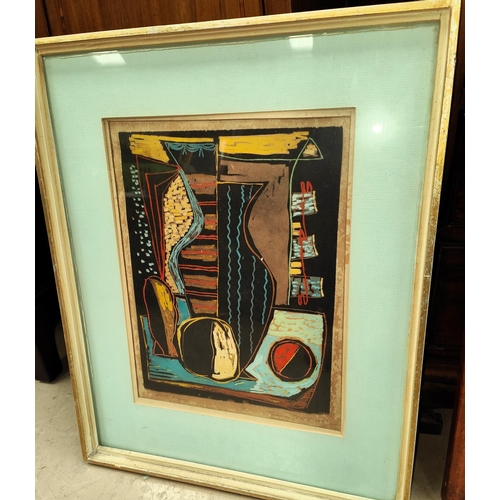 774A - Taduesz Was: 'Still Life' mid 20th century Polish Gouache, abstract scene, signed and titled in penc... 