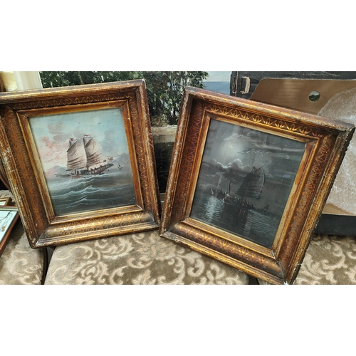 829B - A late 19th/early 20th century pair of Chinese gouache paintings:  junk on ocean, morning and night,... 