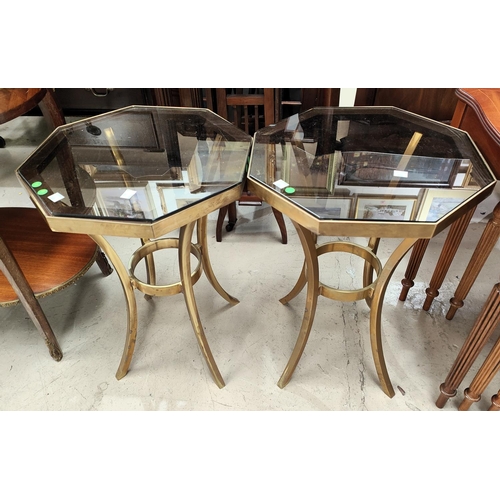 830 - A pair of mid century continental bronze side tables, octagonal smoked glass tops, 37cm x 51 cm high