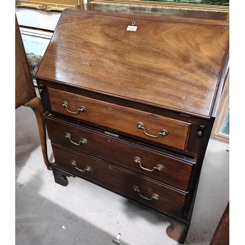 1018 - A mahogany fall front bureau with 3 drawers under on bracket feet 