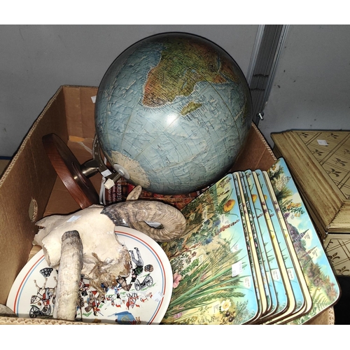 69A - A mid 20th century terrestrial globe and a Ram's skull with horns etc