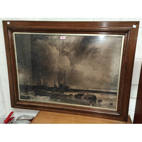 776 - George Sheffield, coastal landscape with fishing boats, charcoal sketch signed 55 x 82 cm framed and... 