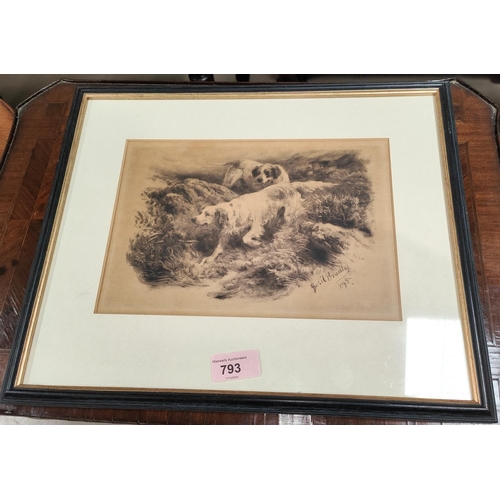 793 - After Basil Bradley: two gun dogs in a moorland landscape monochrome print framed and glazed other s... 