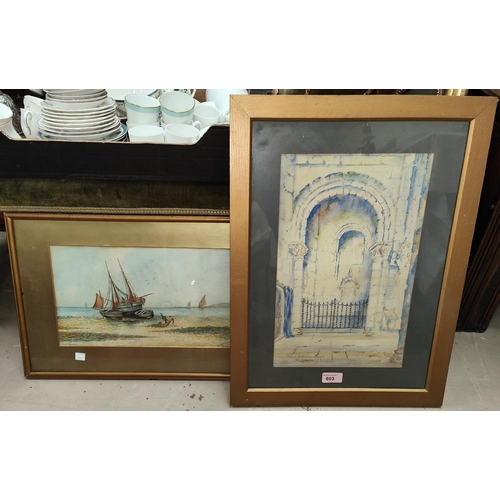 803 - A watercolour of 'The Warburton Chapel Chester', framed and glazed; C Thomas watercolour of boats fr... 