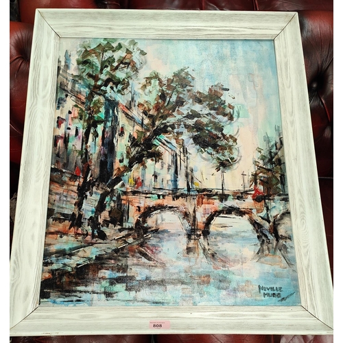 808 - Neville Mudd: abstract oil of bridge over a river, ht. 60 x 49cm