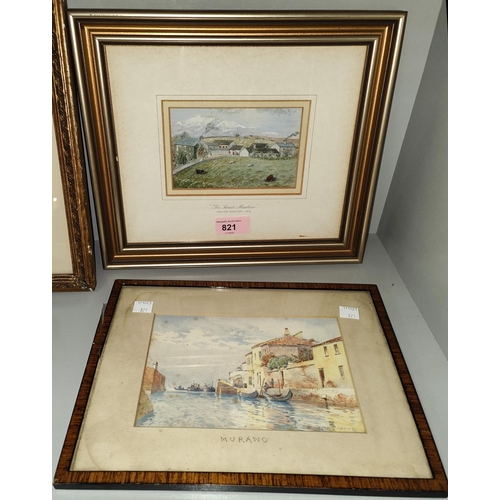 821 - Mande Forster: 1910 'The Sweet Meadow' small watercolour, crows and farm; Murano A.H.H.M Venice wate... 