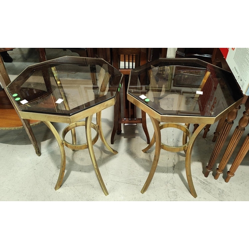 830 - A pair of mid century continental bronze side tables, octagonal smoked glass tops, 37cm x 51 cm high