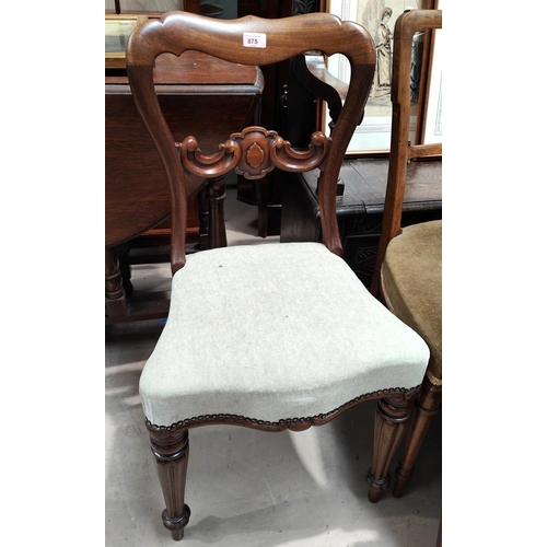 875 - A mahogany carved bedroom chair shield to back reeded tapering legs and two other mahogany chairs.