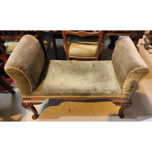 970 - A pair of mahogany open back window seats with scrolling arms, sage upholstery