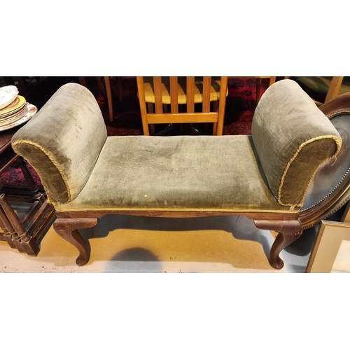 970 - A pair of mahogany open back window seats with scrolling arms, sage upholstery