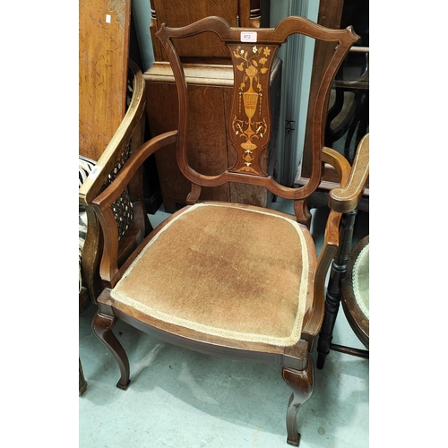 972 - A mahogany inlaid armchair with vase decoration to back, another inlaid chair