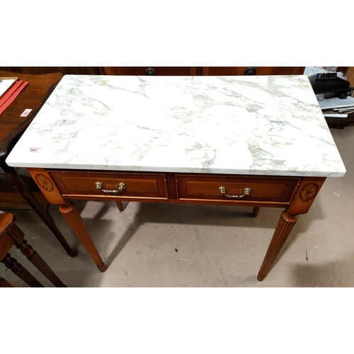 991 - A reproduction marble top side table with double drawers, reeded tapering legs