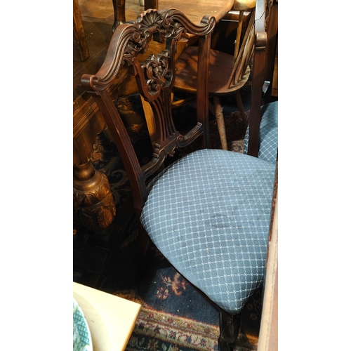 999 - Four mahogany salon style chairs, pierced backs, blue cushions; a full height wall cabinet glazed cu... 