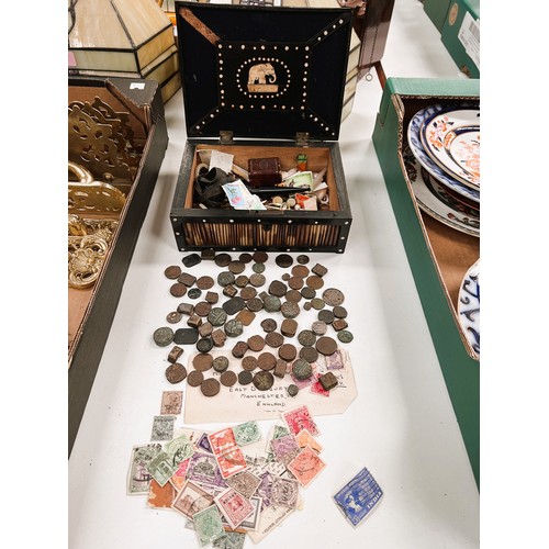 33 - An ebony and quill box containing Indian coins, stamps and other collectables