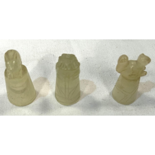 14 - Three Chinese pale jade coloured carved hardstone 