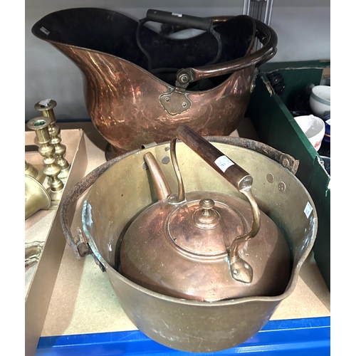 18A - A 19th century copper coal helmet; a 19th century copper kettle and jam pan; a silver plated tray