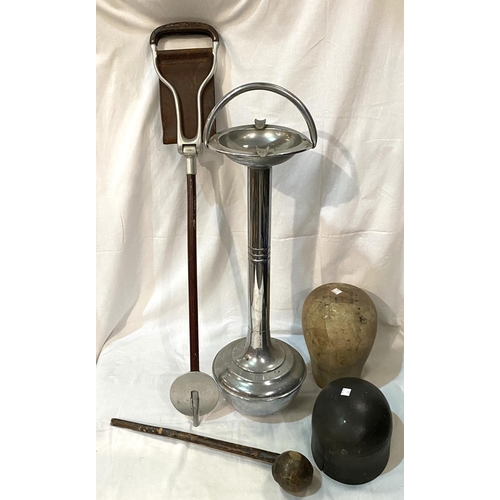 25 - A chrome smokers stand; a shooting stick; a tribal throwing club; two hat lasts etc.
