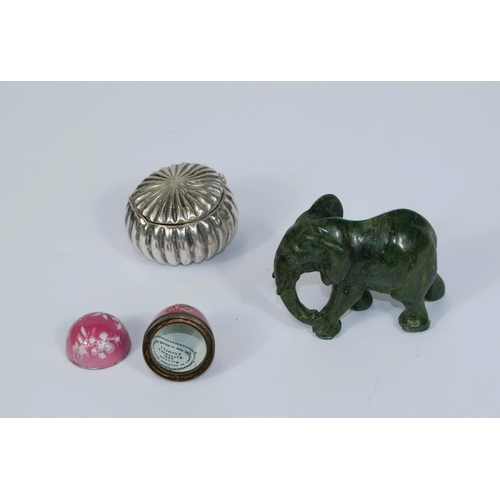 597 - A white metal box; an enamelled box; a jade coloured hardstone elephant