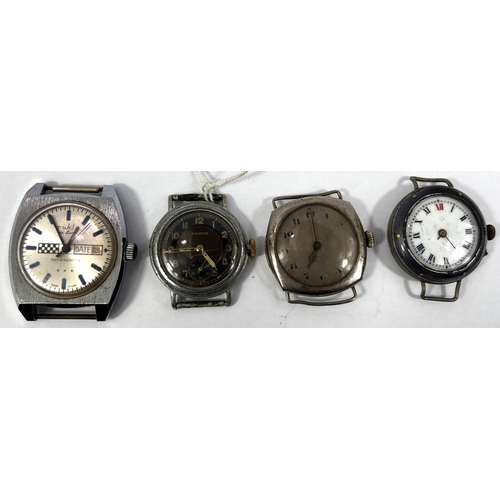 614 - An early wristwatch with enamel dial and bezel; a 1970's square watch with checked decoration; 2 oth... 