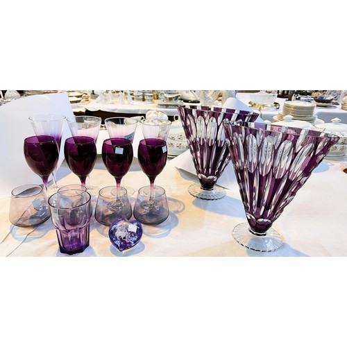 443 - Two oval fan shaped slice cut amethyst glass vases, 4 conical amethyst glass wine glasses and other ... 