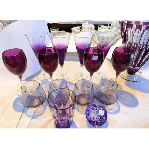 443 - Two oval fan shaped slice cut amethyst glass vases, 4 conical amethyst glass wine glasses and other ... 