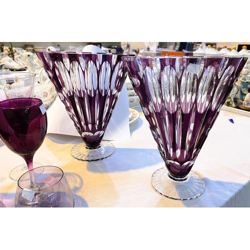 443 - Two oval fan shaped slice cut amethyst glass vases, 4 conical amethyst glass wine glasses and other ... 