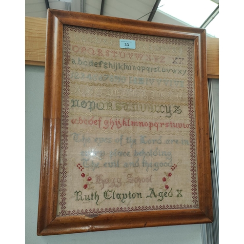 33 - a 19th century sampler by Ruth Clayton aged 10, height 42cm.