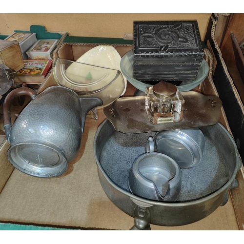 74 - A glass square inkwell in brass dish; a pewter bowl; a tea caddy; etc.