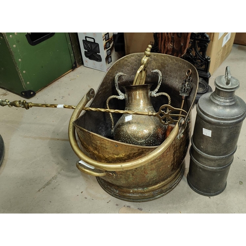 8 - A brass coal scuttle and metalware