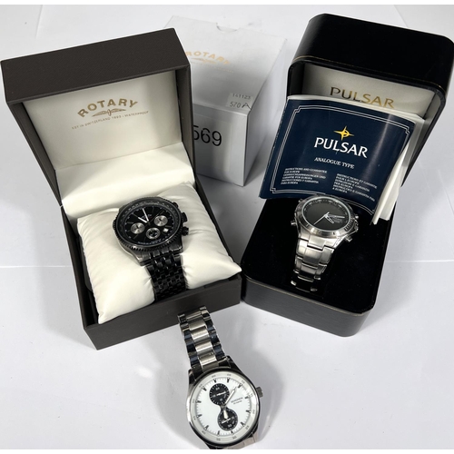 570A - Three Modern gents watches, a gents Rotary watch, a Pulsar watch and a Sekonda two boxed