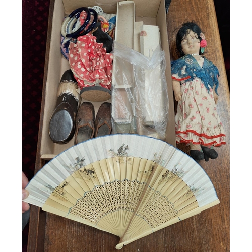 65B - A selection of collectables including dolls, fans, beadwork bags, Childs clogs etc