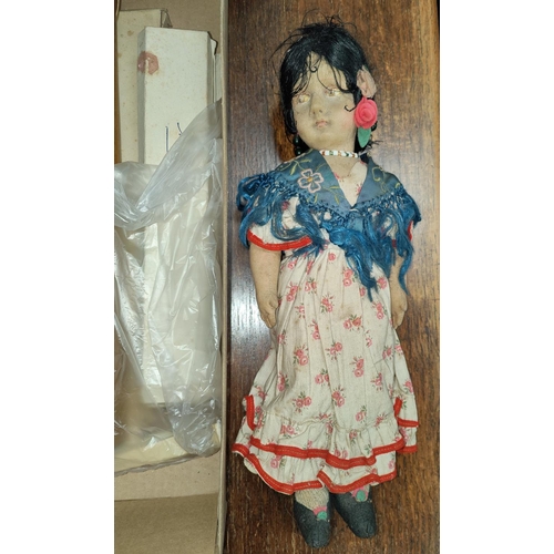 65B - A selection of collectables including dolls, fans, beadwork bags, Childs clogs etc