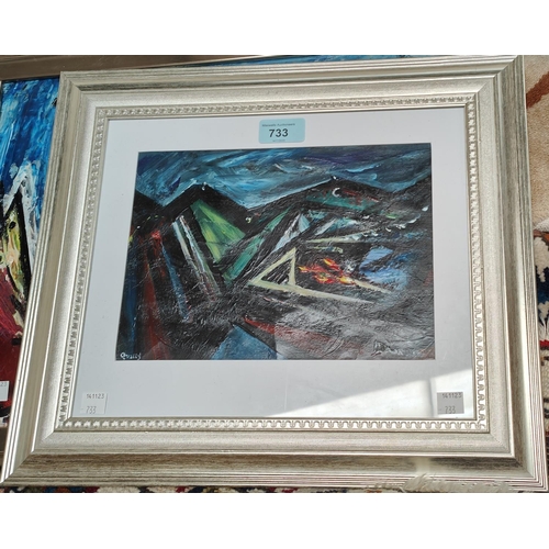 733 - David Wilde; Northern artist abstract oil on card, 'Quarry' 17x24cm framed and glazed