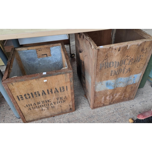 125A - A metal deed box and trunk; 2 old tea chests, stoneware jars etcNo bids sold with 125D