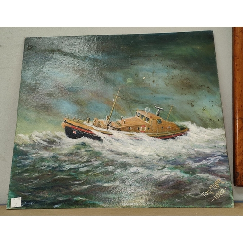 35 - Tim Miller 'Lifeboat in Rough Seas' oil on board, 35 x 40cm, unframed.
