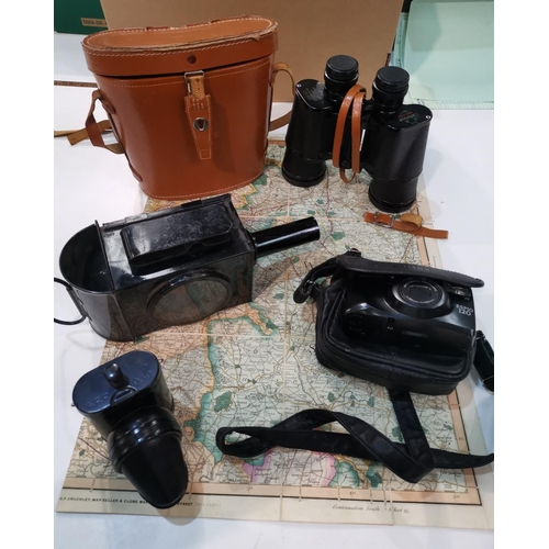 56 - Two vintage lanterns; a pair of cased binoculars; a Pentax camera; an antique map on cloth of Birmin... 