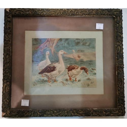 61 - A small watercolour of geese, monogrammed H.B.O '95, framed and glazed 12.5 x 17cm and another water... 